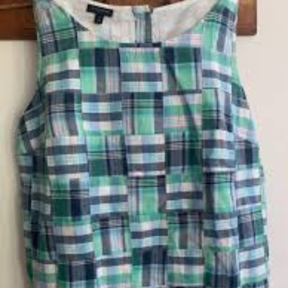 Talbots Madras Plaid Patchwork Cotton Sleeveless Top Size Small Blue Green